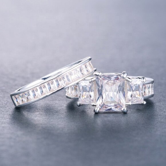 🎀  925 Silver Plated Promise Ring CZ Wedding Couple Ring, FB16FA1090 - Picture 2 of 5